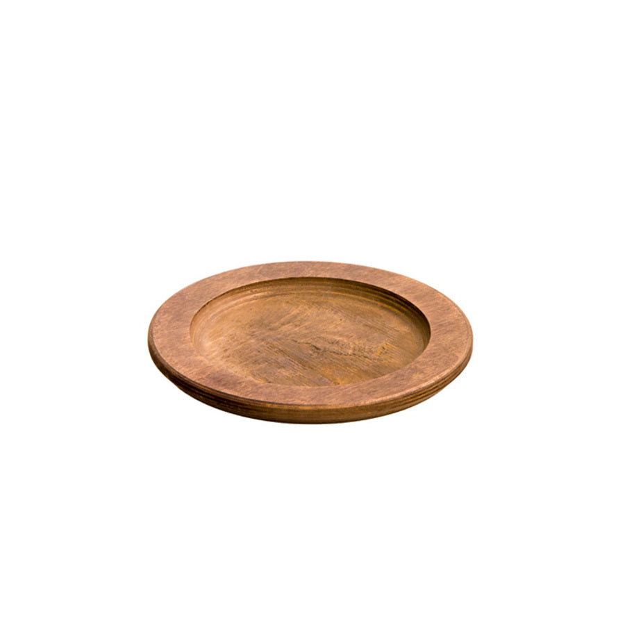 A circular wooden underliner with indent for skillet or other serving dish.
