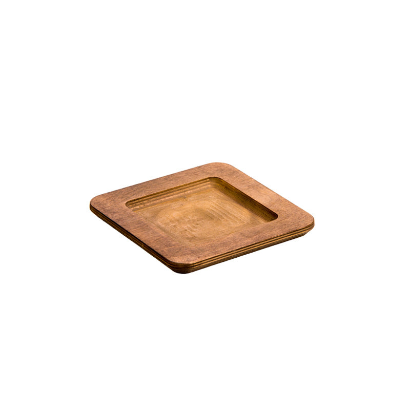 Wooden square underliner with round corners.