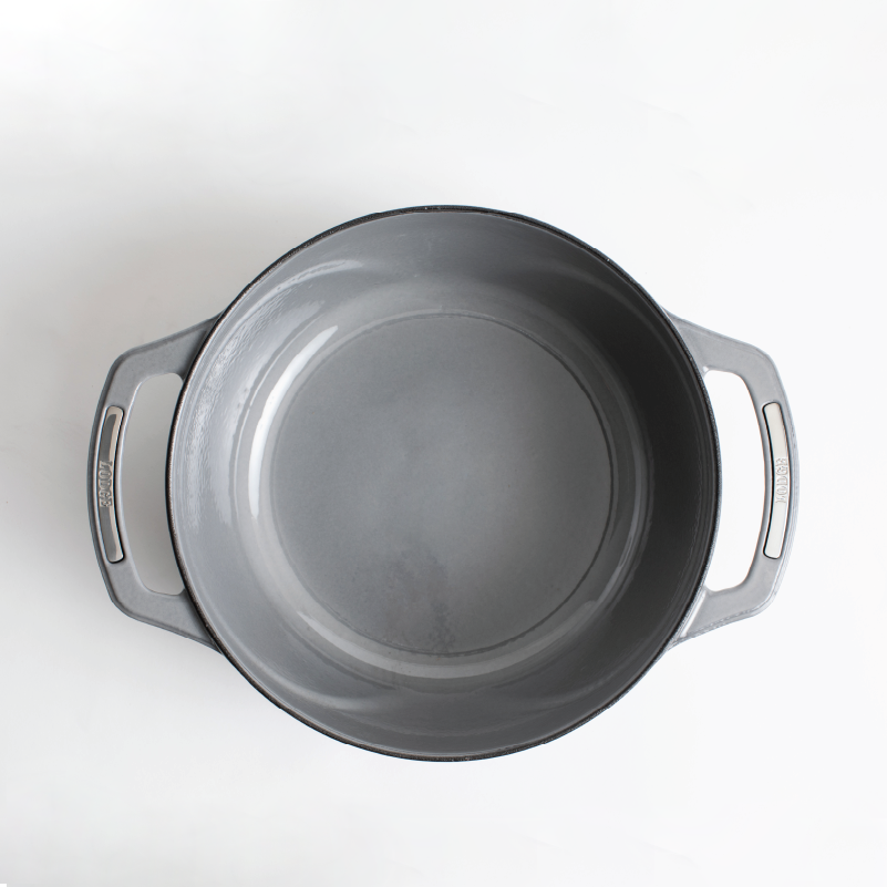 Inside of dutch oven, with a grey enameled interior.