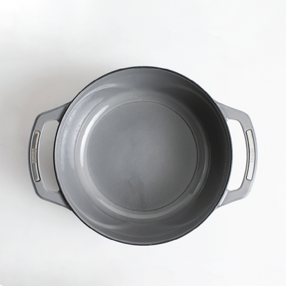 Inside of dutch oven, with a grey enameled interior.