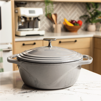 Grey dutch oven on counter top.