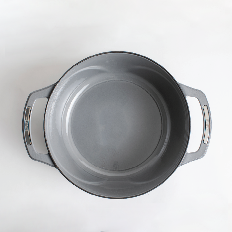 Inside of dutch oven, with a grey enameled interior.