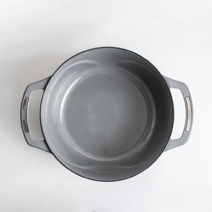 Inside of dutch oven, with a grey enameled interior.