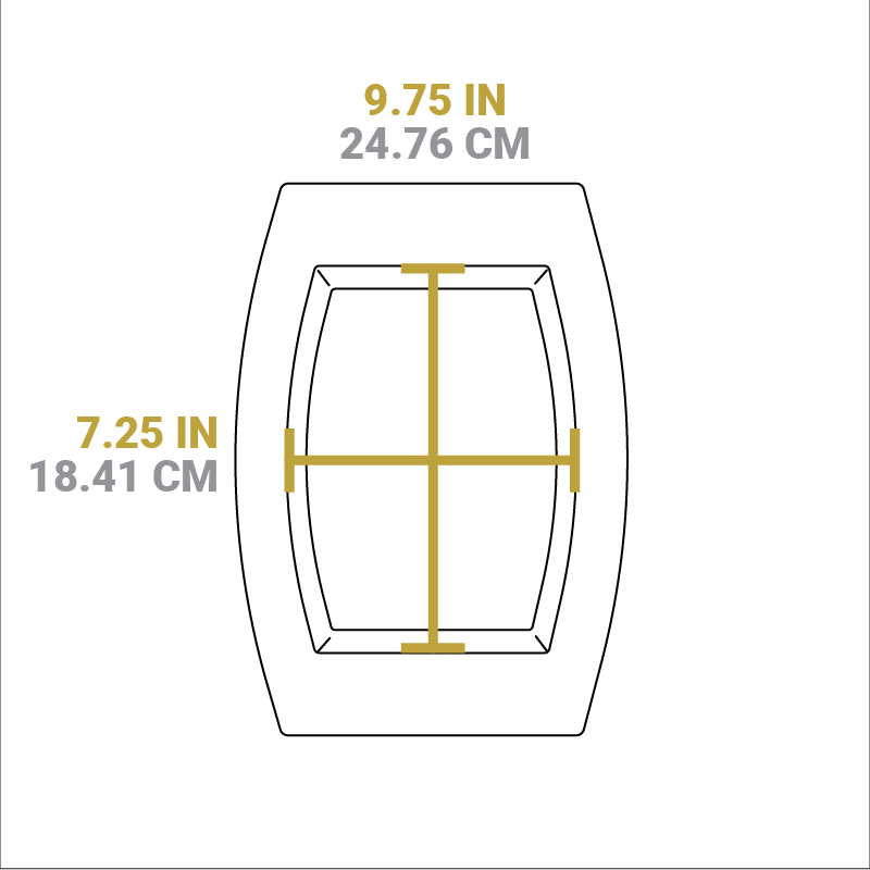 Dimensional drawing of product. Width of serving indentation is 9.75 inches, and length of serving indentation is 7.25 inches.