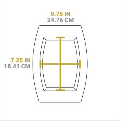 Dimensional drawing of product. Width of serving indentation is 9.75 inches, and length of serving indentation is 7.25 inches.