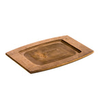Wooden underliner with rectangular indentation for serving dish.