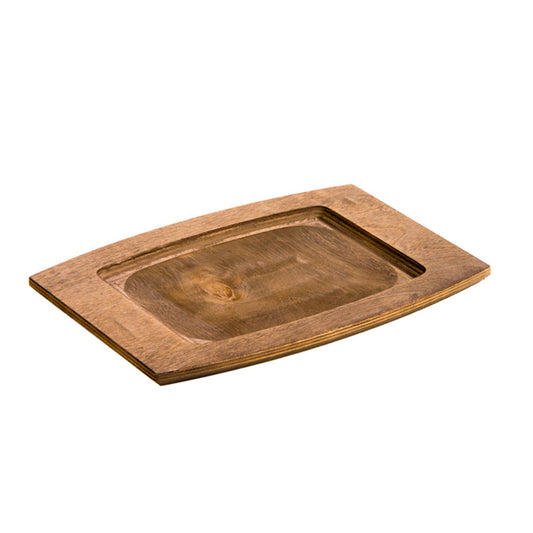 Wooden underliner with rectangular indentation for serving dish.