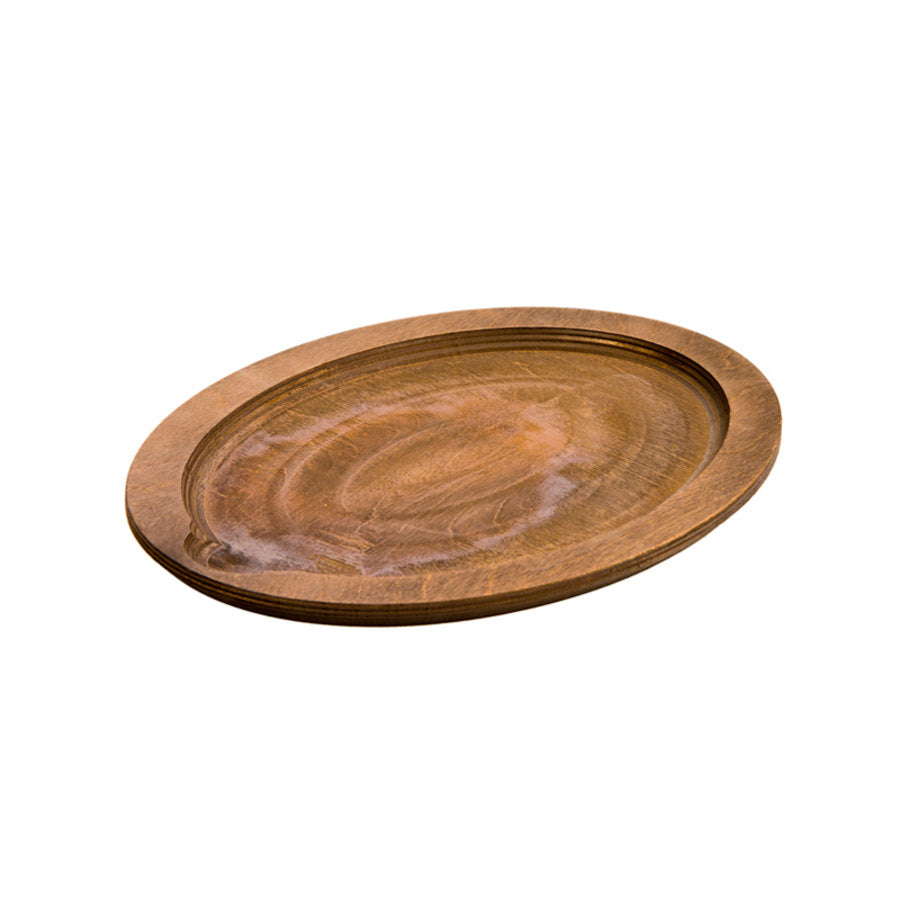 Wooden oval tray with indentation to hold and serve griddle.