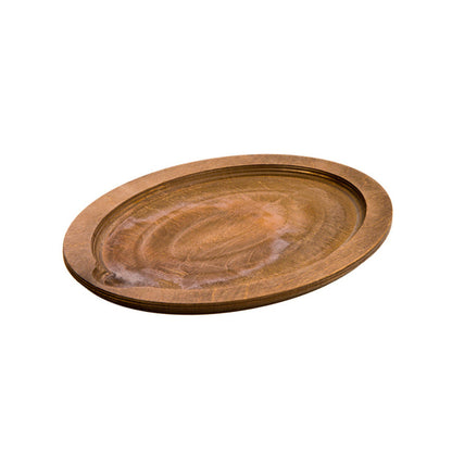 Wooden oval tray with indentation to hold and serve griddle.