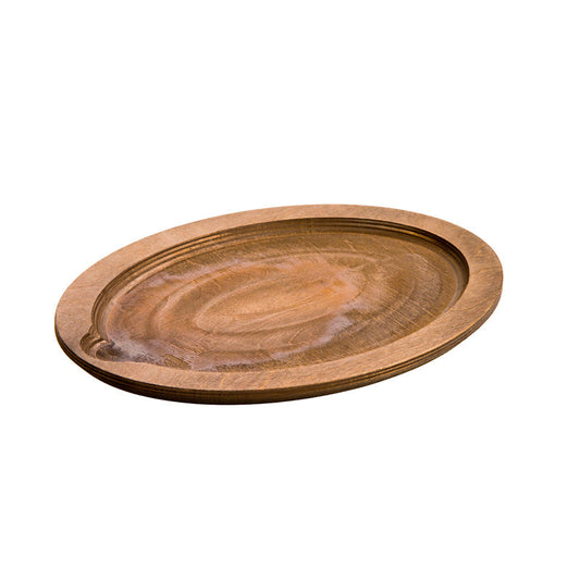 Oval shaped wood underliner with indent to place serving dish.
