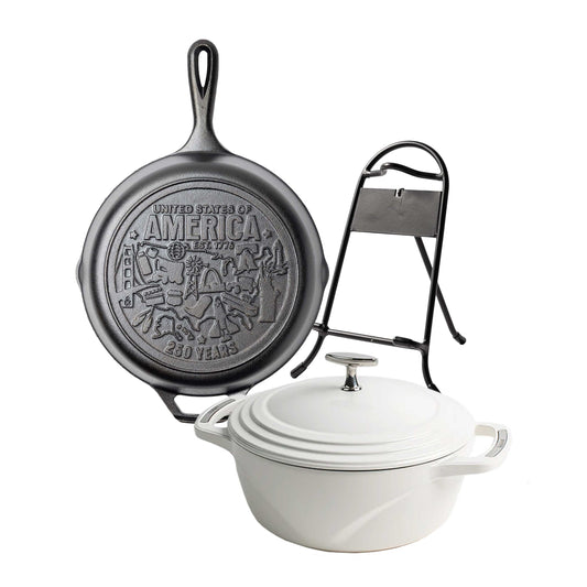 3 Piece set including a white dutch oven, a skillet with engraved American Icons and monuments, along with a stand to display your favorite skillet.