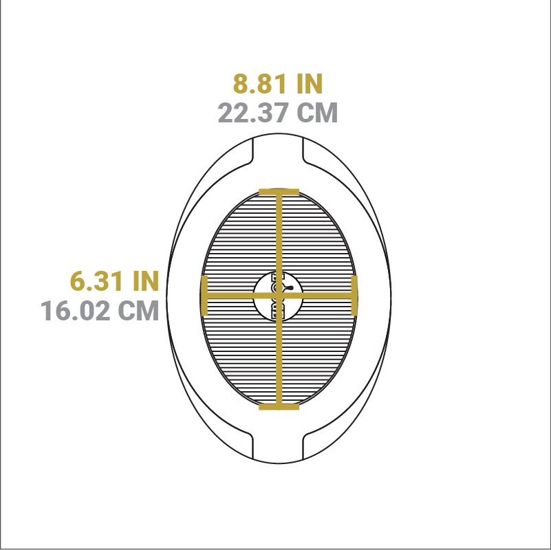 Dimensional drawing of product. Width of flat bottom is 6.31 inches, length is 8.81 inches.