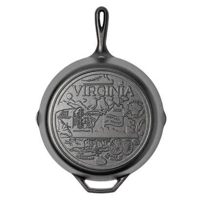Cast iron skillet with the bottom engraved with beloved icons and monuments from Virginia.