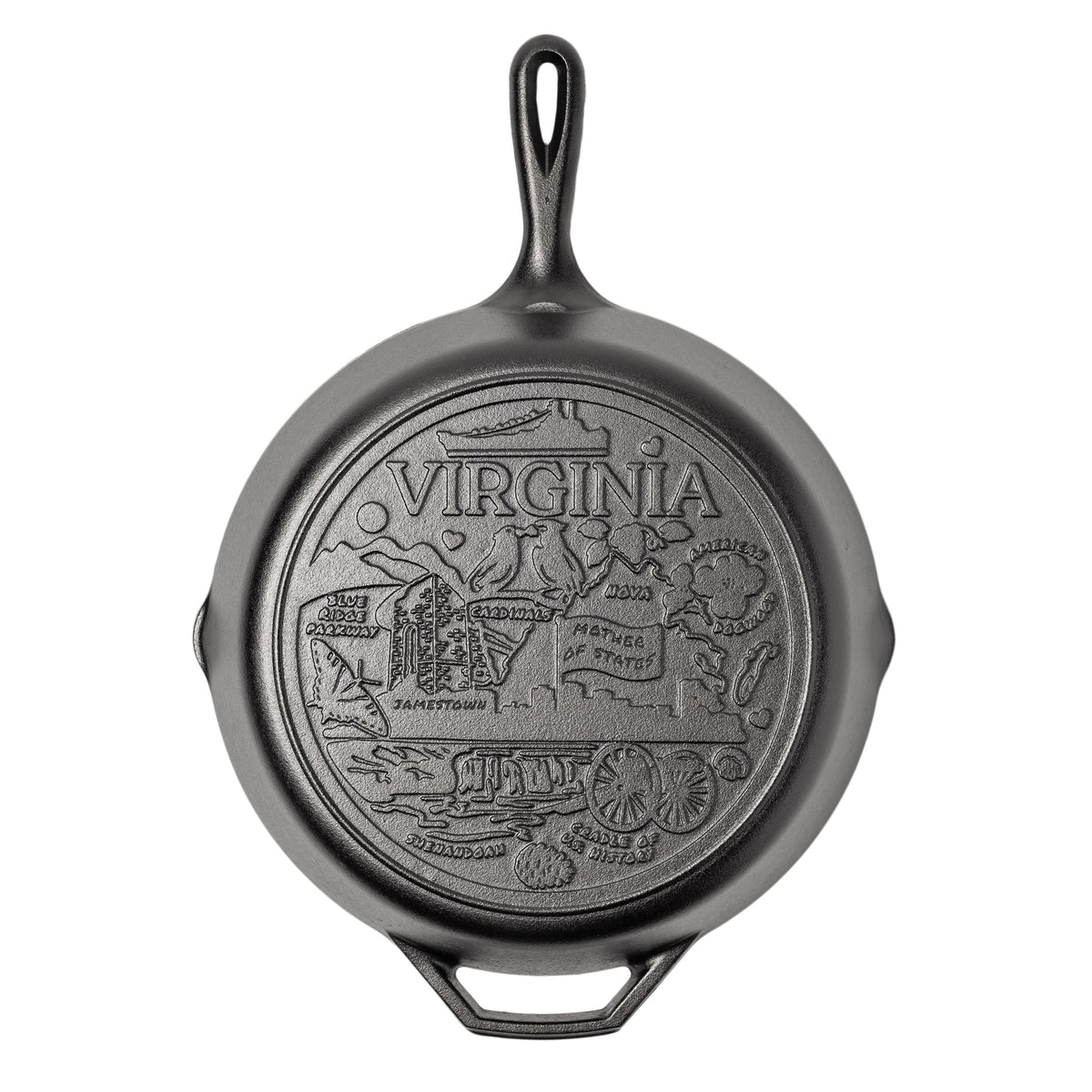 Cast iron skillet with 'Virginia' engraving on a white background