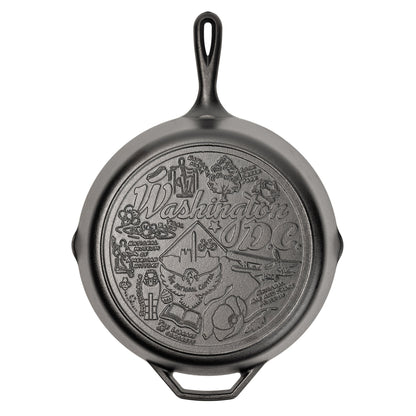 Cast iron skillet with the bottom engraved with beloved icons and monuments from Washington D.C..