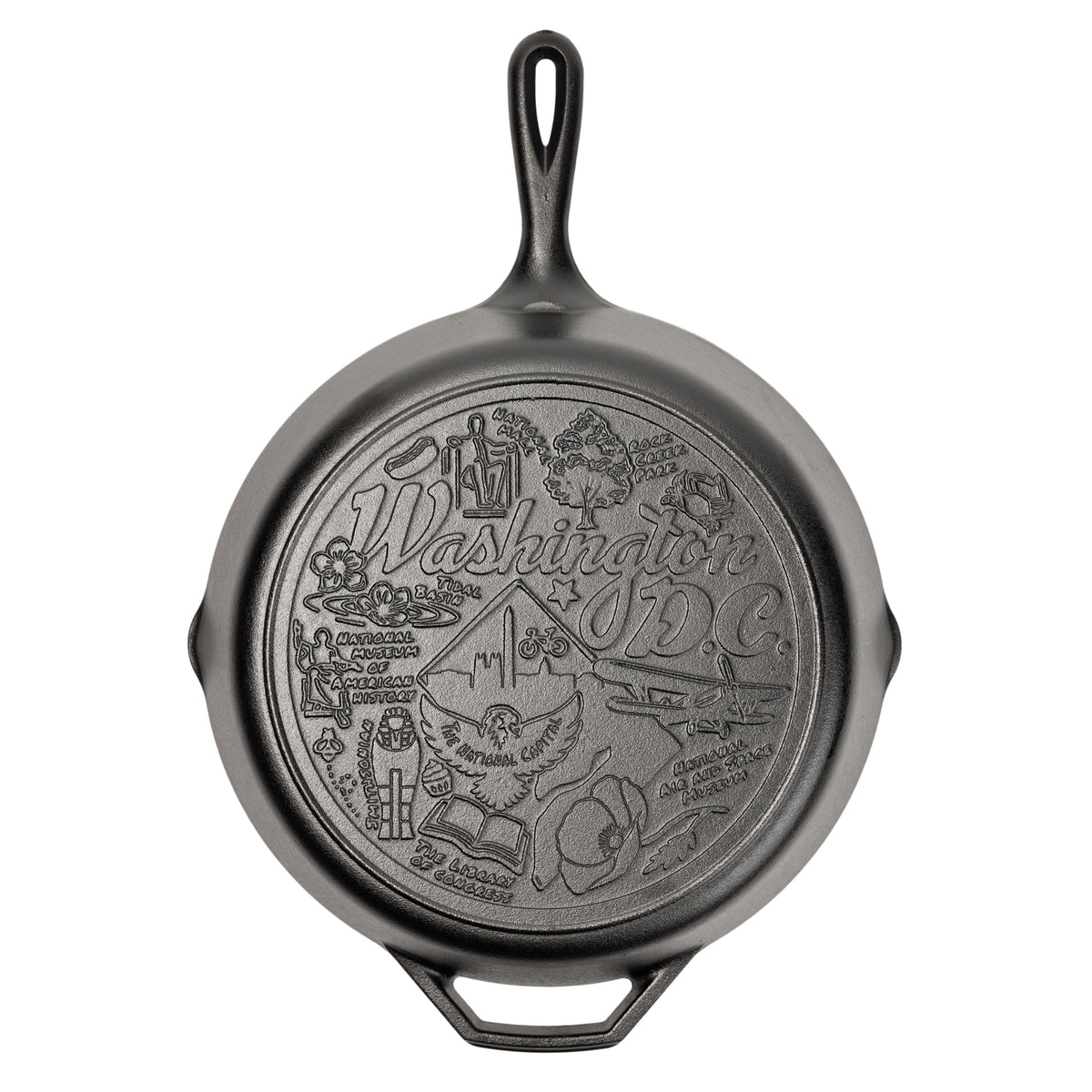 Cast iron skillet with the bottom engraved with beloved icons and monuments from Washington D.C..