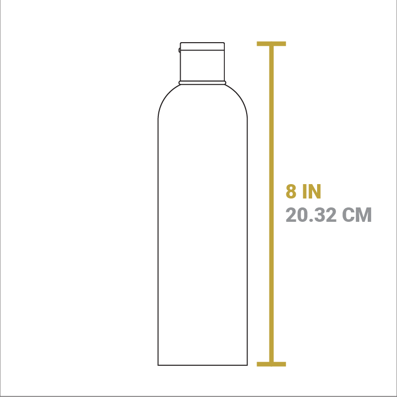 Dimensional drawing of product. Height of bottle is 8 inches.