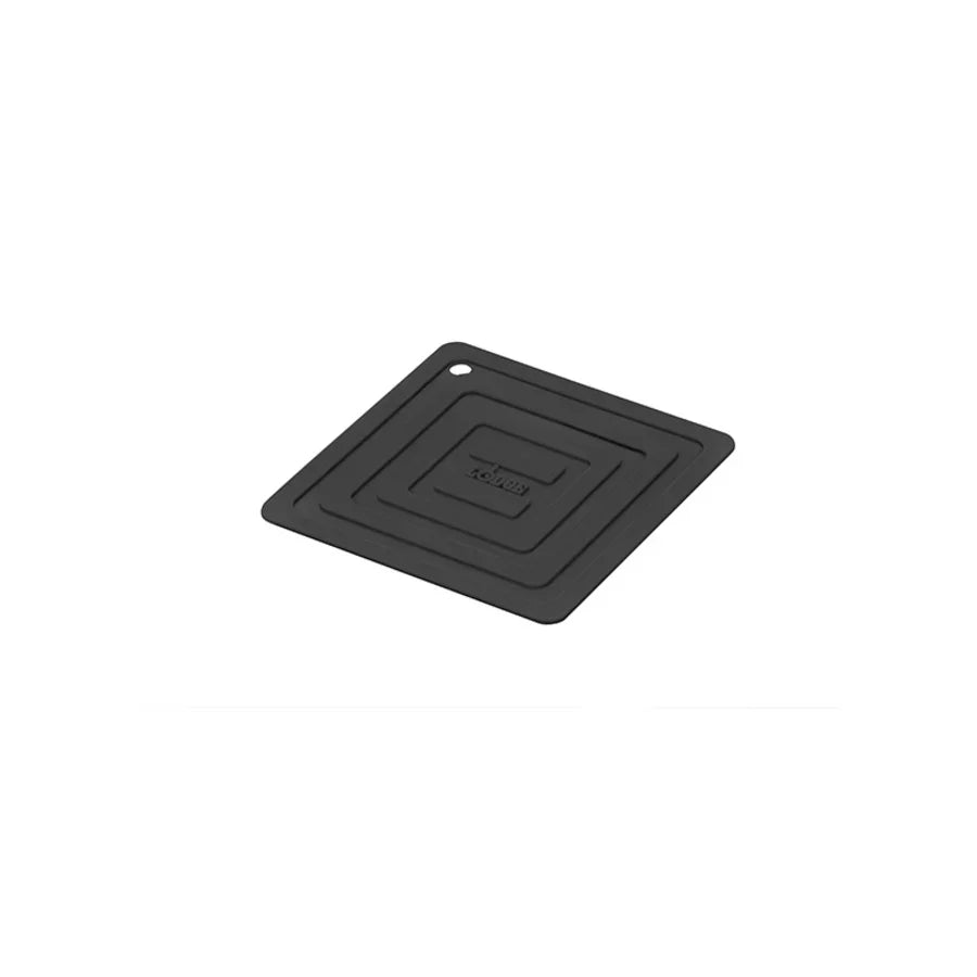 A black square silicone pot holder, with nested square indentations.