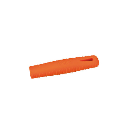 Orange silicone handle holder with lines on each side for good grip.