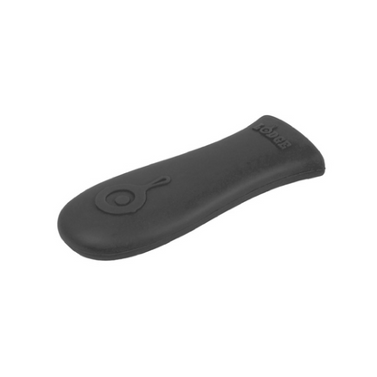 Black silicone handle holder with Lodge branding embossed.