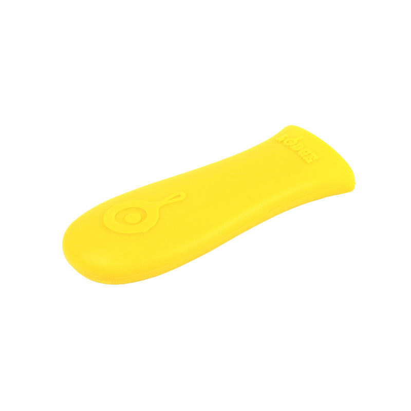 Yellow silicone handle holder with Lodge branding embossed.