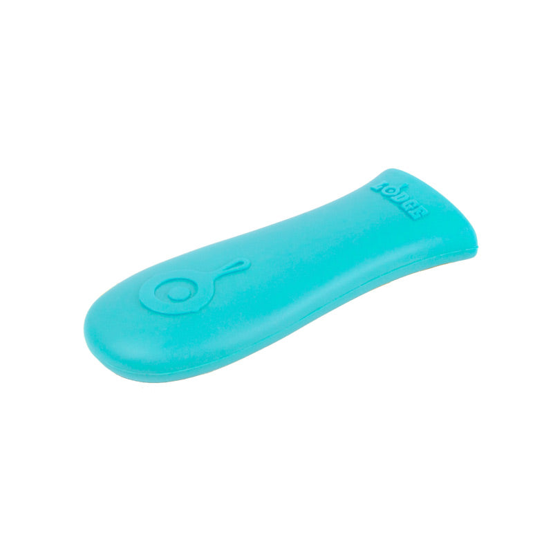 Turquoise silicone handle holder with Lodge branding embossed.