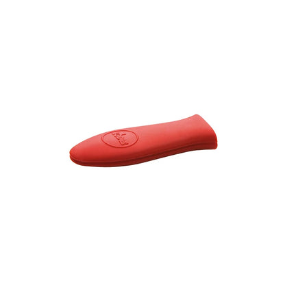 Red silicone handle holder with Lodge branding.