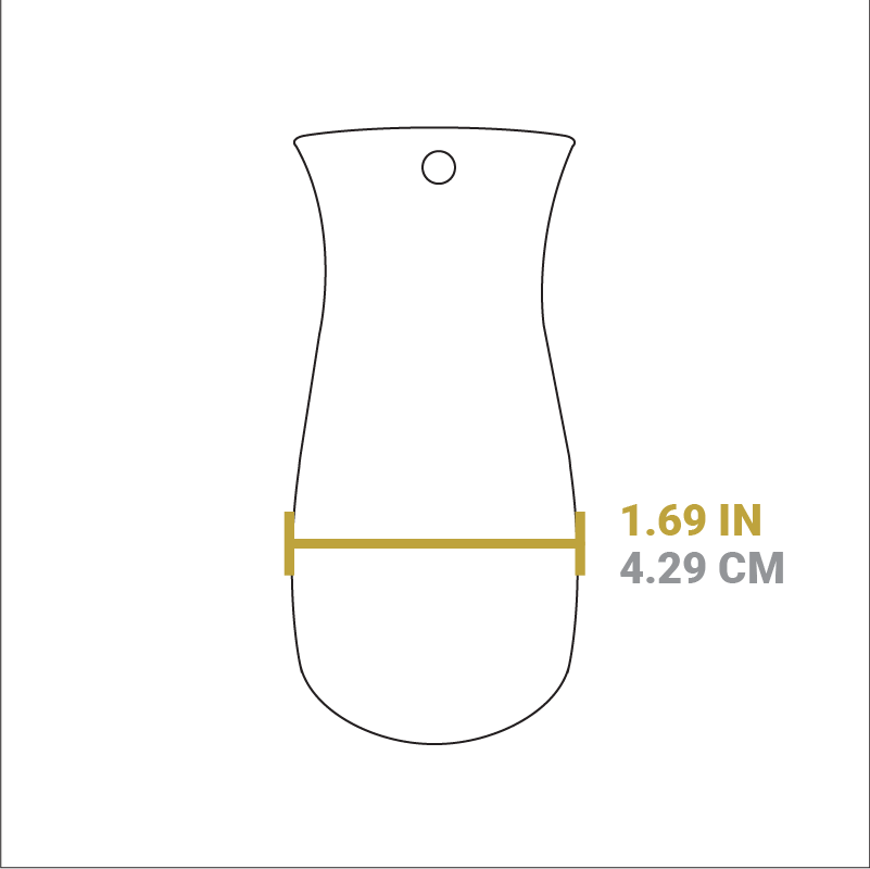 Dimensional drawing of product. End of handle holder width is 1.69 inches.