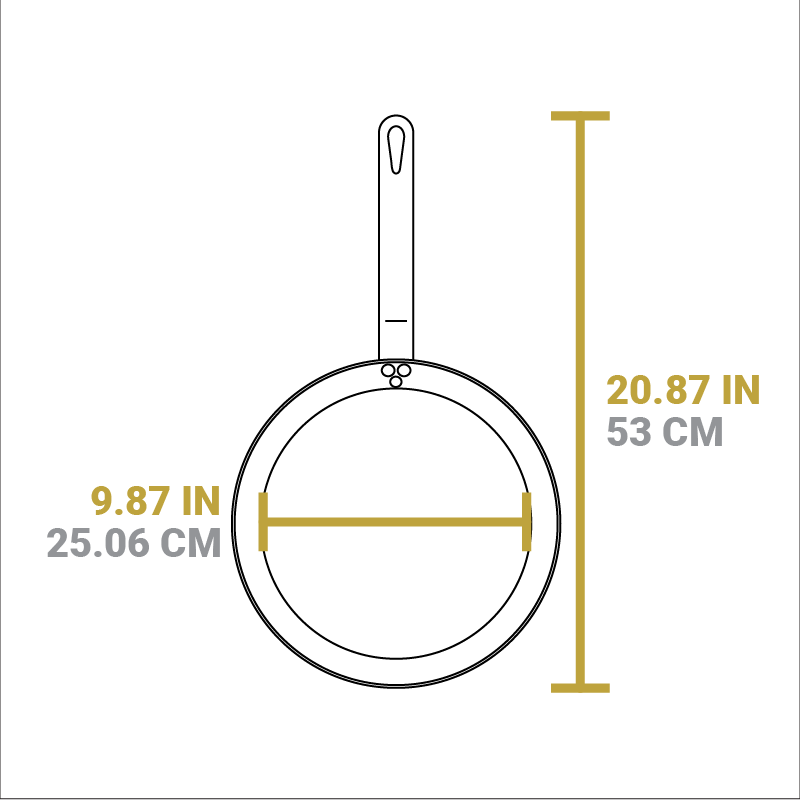 Dimensional drawing of product. Width of cooking surface is 9.87 inches, total length is 20.87 inches.