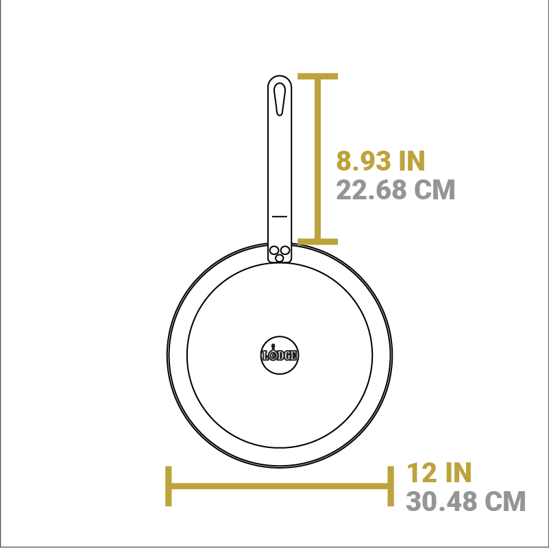 Dimensional drawing of product. Width of skillet is 12 inches, length of handle is 8.93 inches.