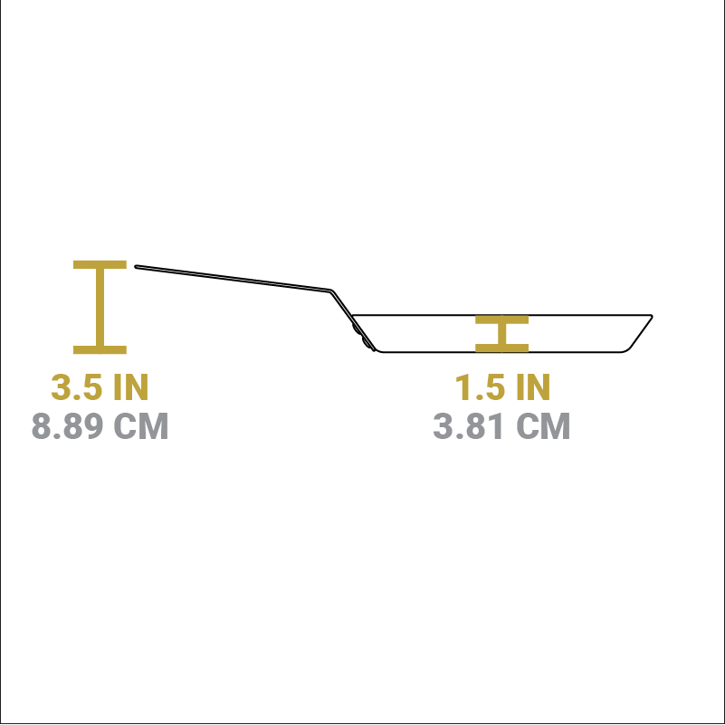 Dimensional drawing of product. Depth of cooking surface is 1.5 inches, height of handle from bottom is 3.5 inches.