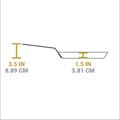 Dimensional drawing of product. Depth of cooking surface is 1.5 inches, height of handle from bottom is 3.5 inches.