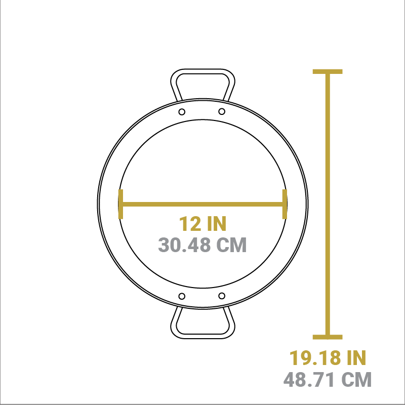 Dimensional drawing of product. Cooking surface width is 12 inches, length from handle to handle it 19.18 inches.