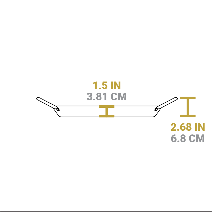 Dimensional drawing of product. Depth of cooking surface is 1.5 inches, total height including handles is 2.68 inches.