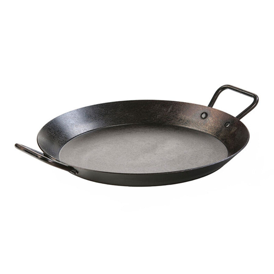Circular pan with 2 loop handles and slanted edges.