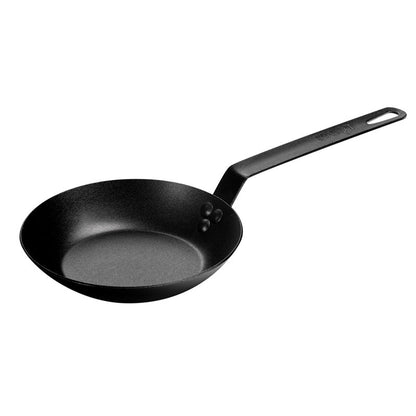 Black skillet with long straight handle.