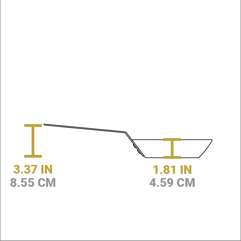Dimensional drawing of product. Depth of cooking surface is 1.81 inches, height of handle from bottom is 3.37 inches.