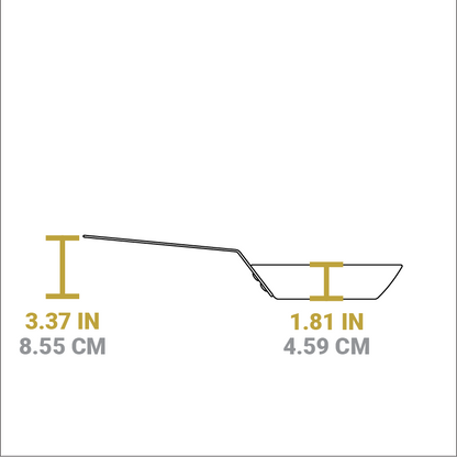 Dimensional drawing of product. Depth of cooking surface is 1.81 inches, height of handle from bottom is 3.37 inches.