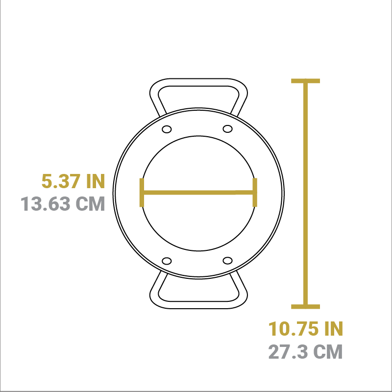 Dimensional drawing of product. Cooking surface width is 5.37 inches, length from handle to handle it 10.75 inches.