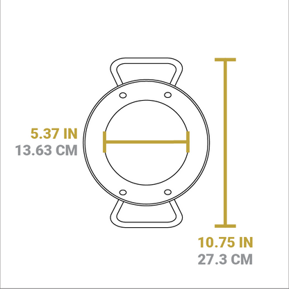 Dimensional drawing of product. Cooking surface width is 5.37 inches, length from handle to handle it 10.75 inches.