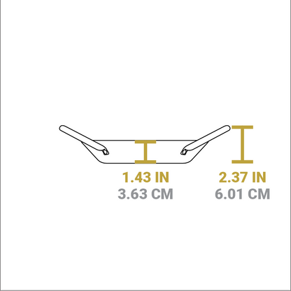 Dimensional drawing of product. Depth of cooking surface is 1.43 inches, total height including handles is 2.37 inches.
