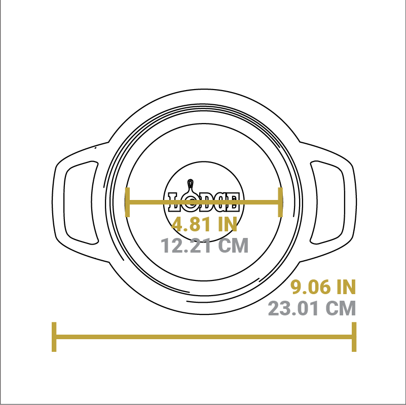 Dimensional drawing of product. Total width handle to handle is 9.06 inches, width of flat bottom is 4.81 inches.