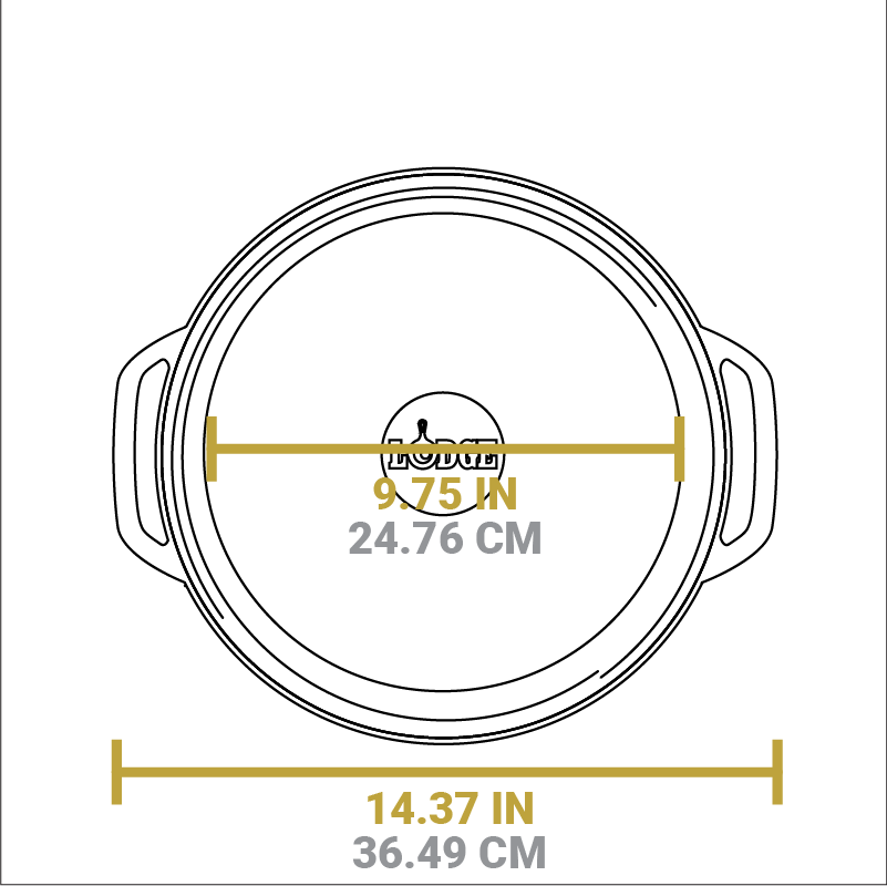Dimensional drawing of product. Diameter of lid is 9.75 inches, total width is 14.37 inches.