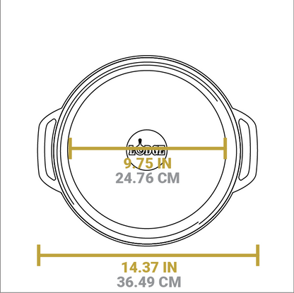 Dimensional drawing of product. Diameter of lid is 9.75 inches, total width is 14.37 inches.