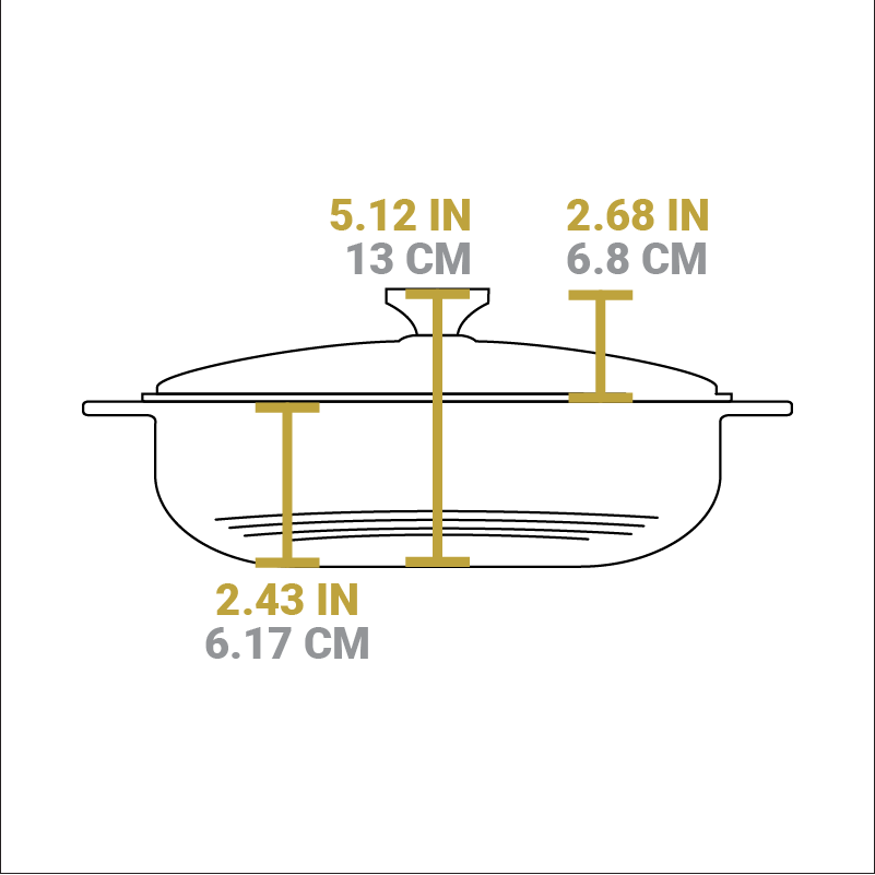 Dimensional drawing of product. Total height with handle is 5.12 inches, height of lid is 2.68 inches, and height of cooking area is 2.43 inches..