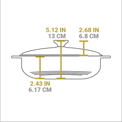 Dimensional drawing of product. Total height with handle is 5.12 inches, height of lid is 2.68 inches, and height of cooking area is 2.43 inches..