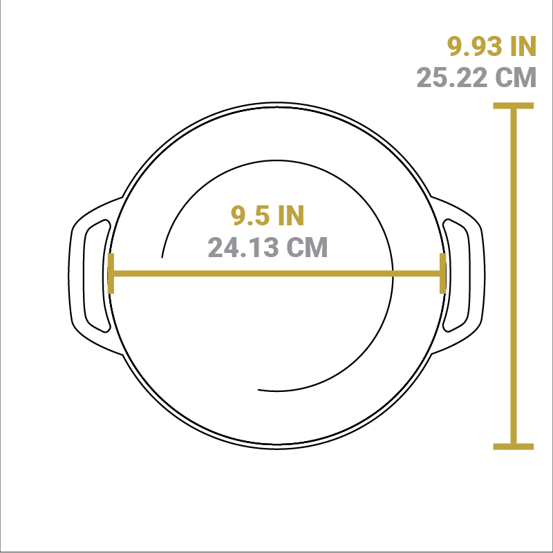 Dimensional drawing of product. Total length is 9.93 inches, total width of cooking surface is 9.5 inches.