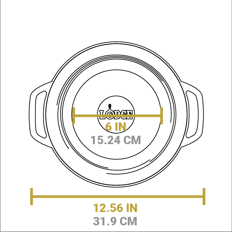 Dimensional drawing of product. Total width handle to handle is 12.56 inches, width of flat bottom is 6 inches.