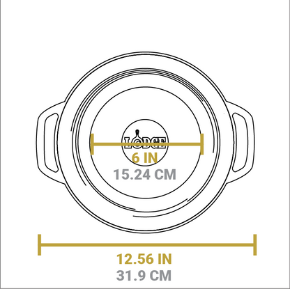 Dimensional drawing of product. Total width handle to handle is 12.56 inches, width of flat bottom is 6 inches.