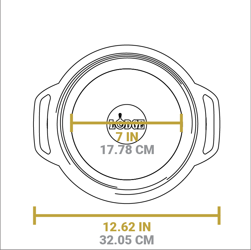 Dimensional drawing of product. Total width handle to handle is 12.62 inches, width of flat bottom is 7 inches.